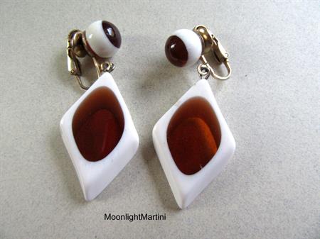 Mod 1960's Earrings Clip Ons White Root beer Window Clipons 60's Accessories Vintage Costume Jewelry