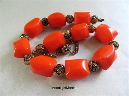 Bakelite Chunky Orange Choker Necklace Beads Gold Rosettes Vintage Costume Jewelry Destash