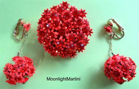 Mod 1960's Orange Rhinestone Flower Earrings Pin Set Vintage Jewelry