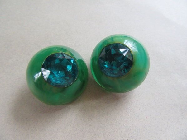 Green Bakelite Blue Rhinestone Earrings Vintage Jewelry