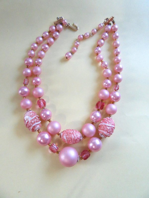 Vintage Pink Glass Necklace Japan Crystal Beads 