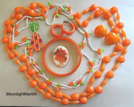 Mod Orange Jewelry Lot Flower Necklace Lucite Bangle Pineapple Pin Clip Earrings Long Beads Poinsettia 1960s Accessories