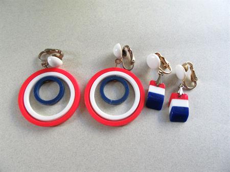 Mod Patriotic 1960's Earrings Two Pairs Lucite Striped Red White and Blue Vote Election 60's Accessories