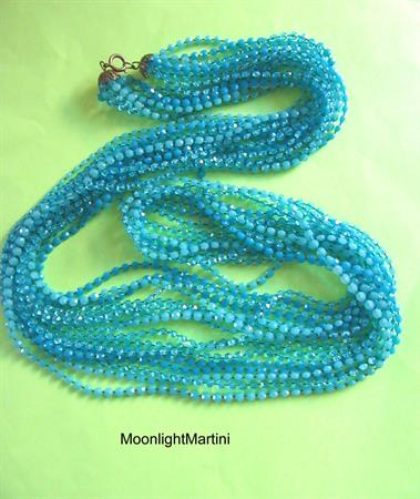 1960's Mod Long Blue Necklace Multi Strand 60's Party Accessories Vintage Costume Jewelry  Go Go Twiggy