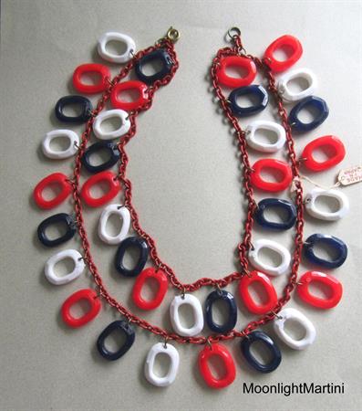 1960's Red White and Blue Bib Necklace Original Japan Tag Old Store Stock Patriotic Election Vote