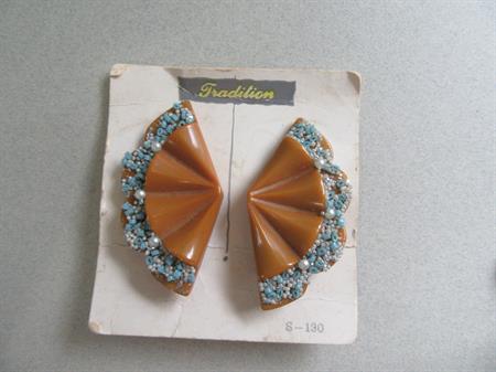 Bakelite Mid Century Coralene Earrings Carved Fans Clip Ons Old Store Stock Never Worn Original Sears Card  Vintage Costume Jewelry