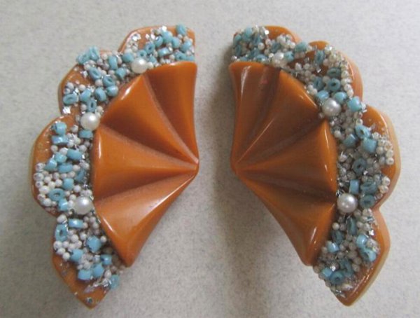 Carved Bakelite Coralene Fan Earrings Vintage Jewelry