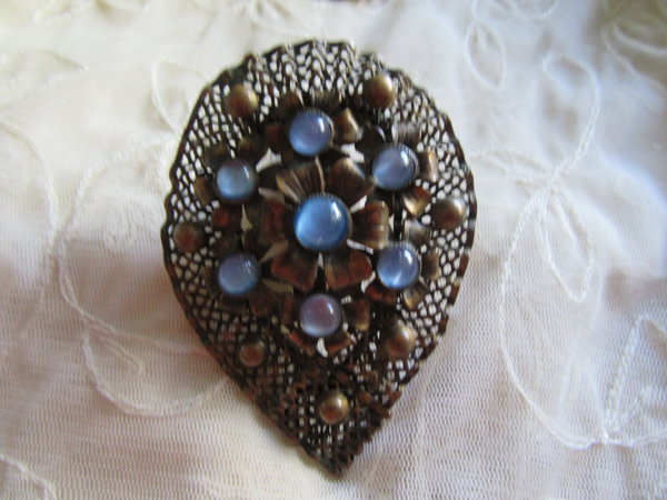 Art Deco Blue Glass Filigree Dress Clip Vintage Jewelry