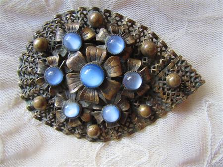 Art Deco Blue Glass Filigree Dress Clip Vintage Jewelry