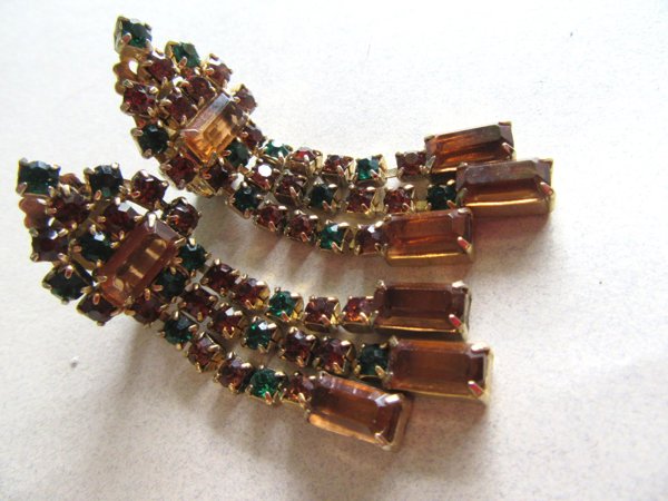 Vintage Rhinestone Earrings Cognac Emerald  