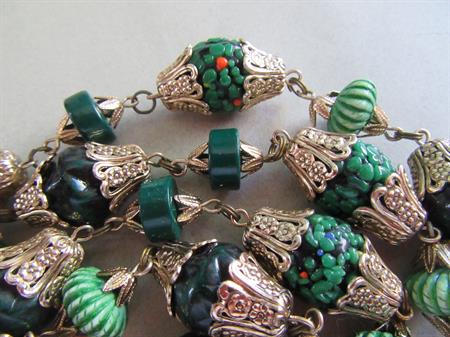 Vintage Green Coralene? Art Glass Necklace Set Japan