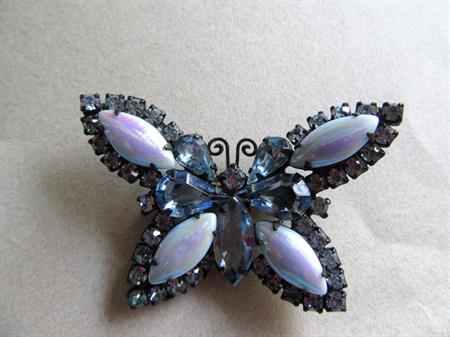 Blue Rhinestone Butterfly Pin Brooch Japanned Aurora Glass Marquise Figural Vintage Costume Jewelry