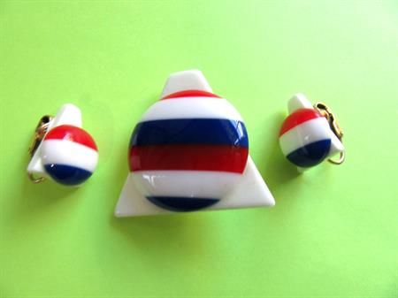 Mod 1960's Pin and Earrings Set Red White and Blue Layered Lucite  Clip Ons 60's Accessories Vintage Costume Jewelry