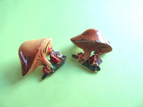 Two Vintage Anthropomorphic Mushroom Ladybug Pin Set Korea