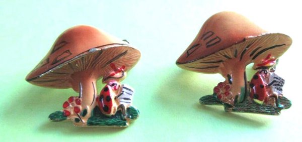 Two Vintage Anthropomorphic Mushroom Ladybug Pin Set Korea