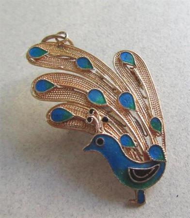 Silver Enameled Peacock Chinese Export? Vintage Jewelry 