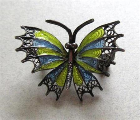Plique a jour Butterfly Pin 800 Silver Vintage Jewelry 