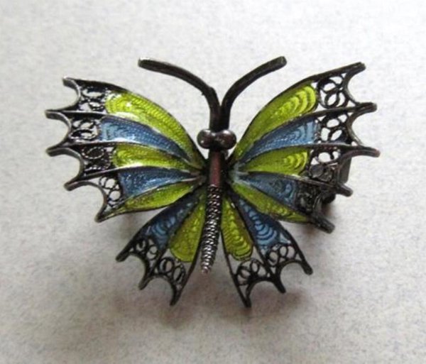 Plique a jour Butterfly Pin 800 Silver Vintage Jewelry 