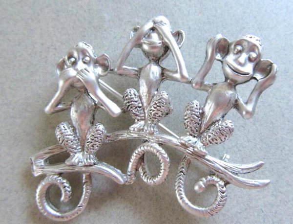 Vintage Danecraft Monkeys Pin Hear Speak See No Evil Never Signed Jewelry