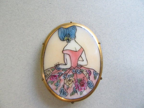 Vintage Glass Pin Lady in Bonnet Hand Painted Antique Jewelry