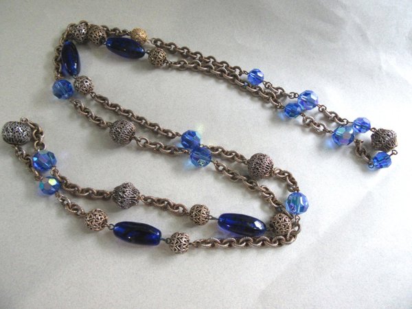 Vintage Blue Art Glass Crystal Long Chain Necklace 