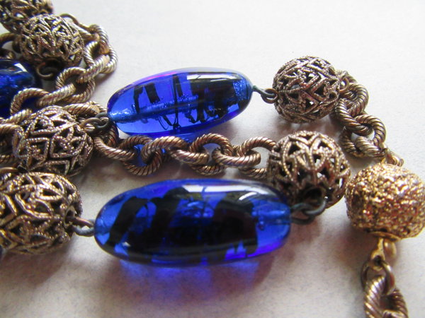 Vintage Blue Art Glass Crystal Long Chain Necklace 