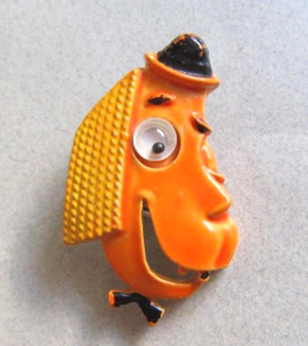 Vintage Anthropomorphic Dog Pin Google Eyes Gold Crown Signed Jewelry