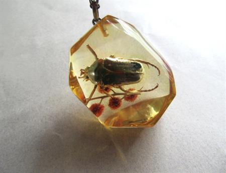 Scarab Beetle and Flowers Encased Pendant Necklace Apple Juice Resin Gorgeous Sterling Silver Fine Jewelry Insects Bug