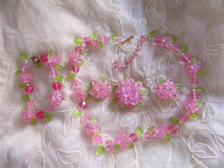 Western Germany Pink Fruit Salad Necklace Pin Earrings Bracelet Set Vintage Costume Jewelry  Summer Spring Garden Party