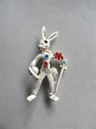 Anthropomorphic Rabbit Pin Dapper Gentleman Bunny Brooch Bowler Hat and Cane Vintage Costume Jewelry Figural Brooch Bunnies