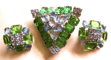 Vintage Rhinestone Pin Earrings Set Blue Green 