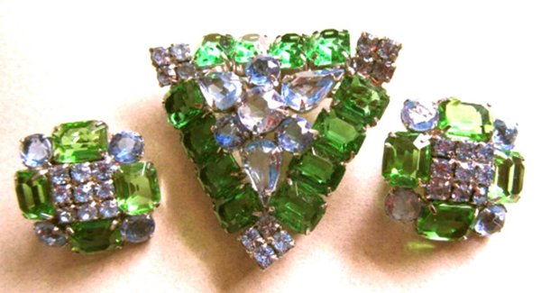 Vintage Rhinestone Pin Earrings Set Blue Green 