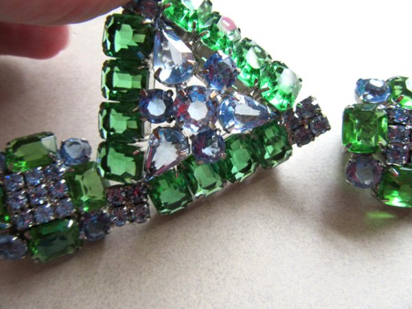 Vintage Rhinestone Pin Earrings Set Blue Green 