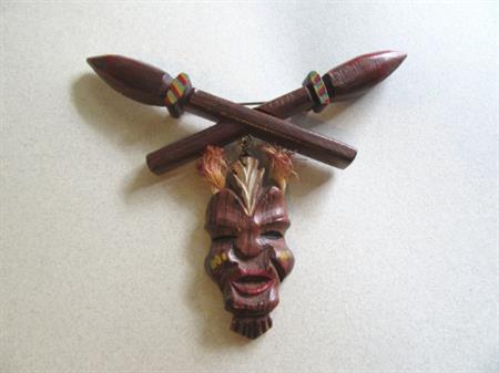 Tribal Wood Mask Pin RARE 1940s Carved Wood Figural Tiki Brooch Swing Era Vintage Costume Jewelry