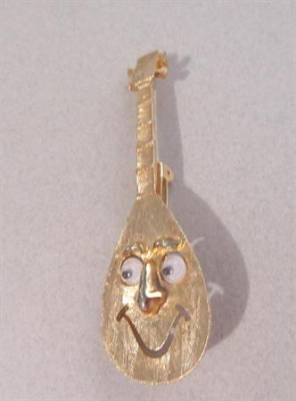 Anthropomorphic Google Eyes Pin Smiling Mandolin RARE JJ Googly Googley  Vintage Costume Jewelry Acoustic Figural