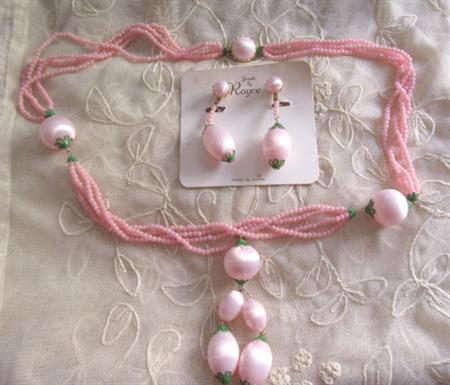 Mod 1960's Pink Necklace Earrings Set Royce Card UNWORN Old Stock Signed Japan Vintage Costume Jewelry