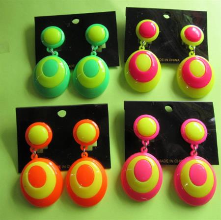 1980's Retro Mod 1960's STYLE Novelty Earrings Neon Op Art Clip On OVAL Earrings On Original Cards Color Choice Summer Costume Jewelry Barbie