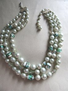 1950's Foile Green Art Glass Necklace Japan Vintage Jewelry