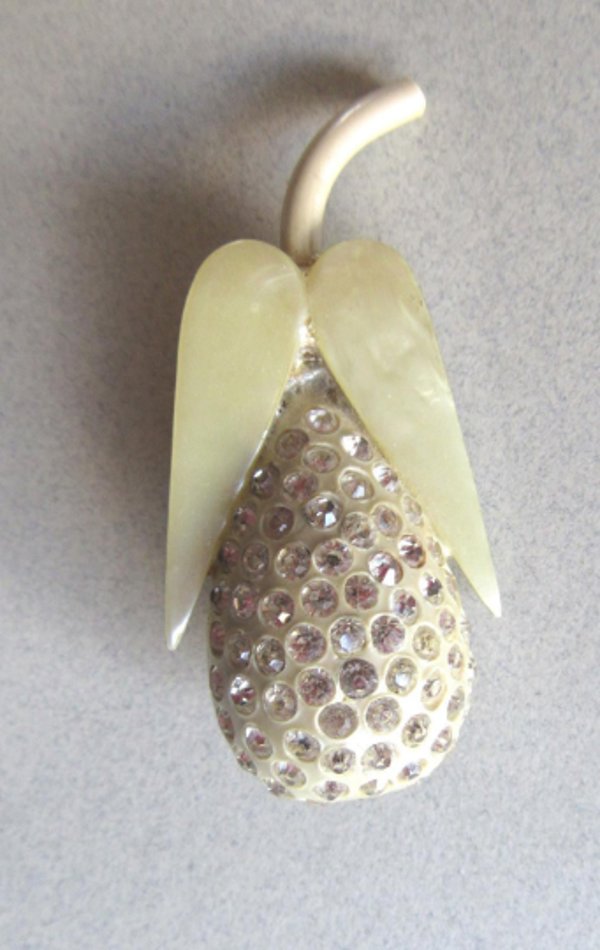 Celluloid Rhinestone Pear Pin Vintage Jewelry Fruit 
