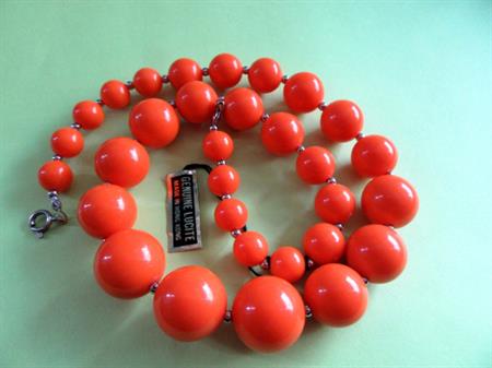 1980's Necklace Bright Orange Lucite Hong Kong Tag Vintage Costume Jewelry Old Stock Summer Spring Mod Style