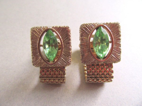 Vintage Green Rhinestone Cufflinks Mens Jewelry 