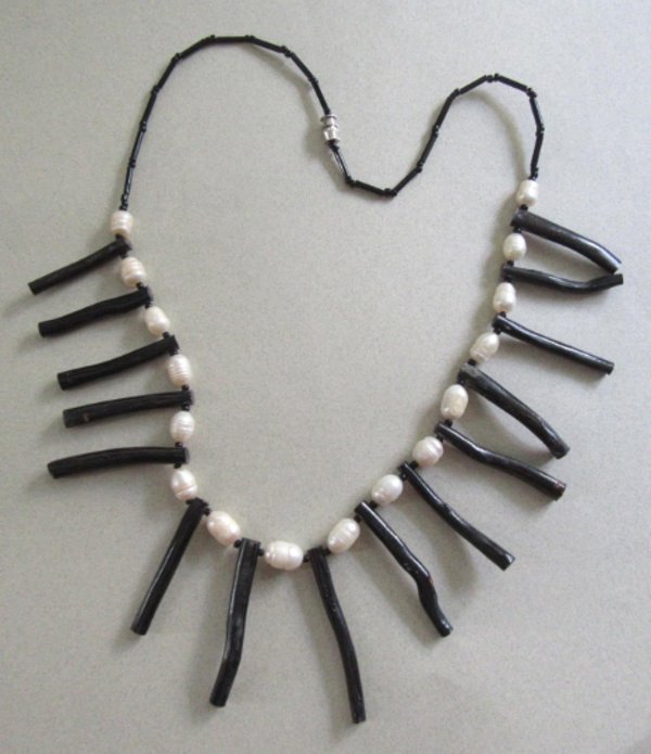 Genuine Black Coral And Fresh Water Pearl Bib Necklace