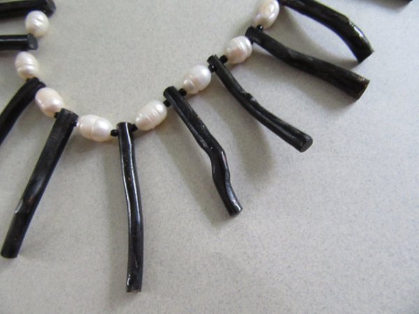 Genuine Black Coral And Fresh Water Pearl Bib Necklace