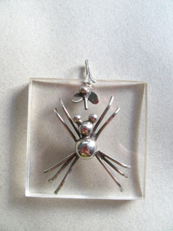 Mod Artisan Spider and Fly Plexiglass Pndant Vintage Jewelry