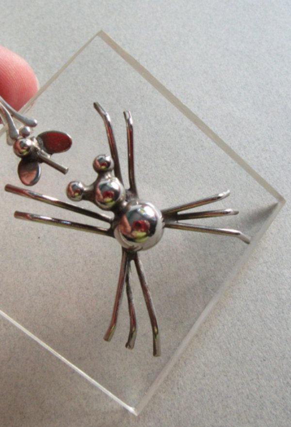 Mod Artisan Spider and Fly Plexiglass Pndant Vintage Jewelry