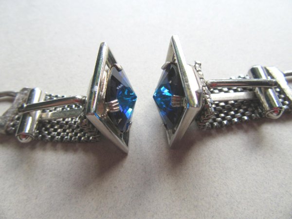 1970's Blue Rivoli Crystal Wrap Cufflinks Mens Jewelry 