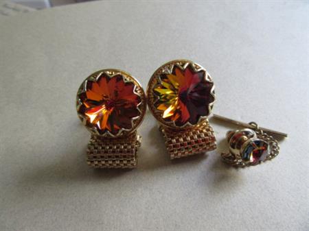 Vintage Cufflinks 1970s Volcano Crystal Set Cuff Links Rivoli Rainbow Tie Tac Mens Accessories Lounge  Gift For Hi