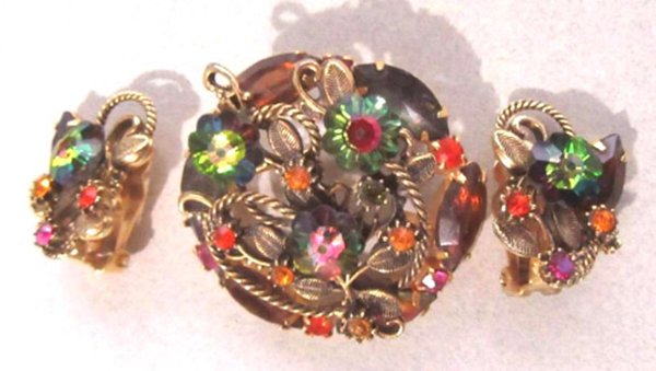 1950's Rhinestone Watermelon Crystal Pin Set Jewelry