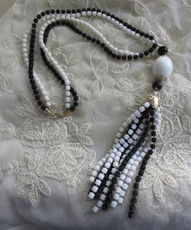 1960's Mod Necklace Vintage Flapper Style Plastic Tassel Black White Gatsby Party Costume Jewelry Never Worn  Old Stock Go Go