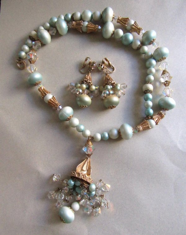 Blue Crystal Tassel Necklace Set Vintage Jewelry 